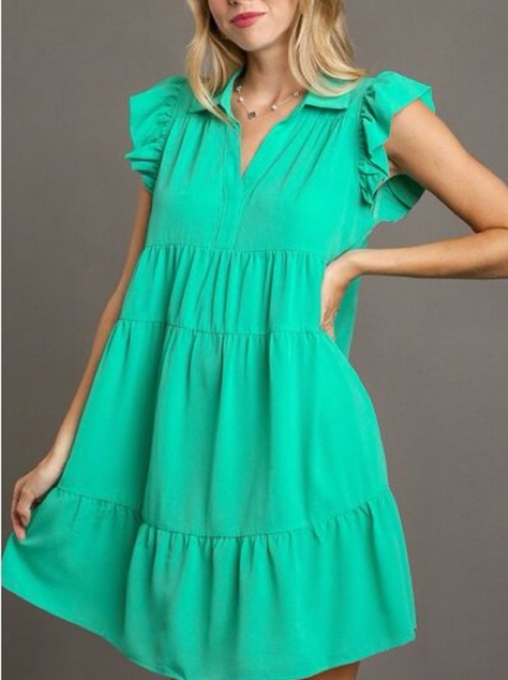 Umgee Johnny Collar Ruffle Cap Sleeve Tiered Dress, Size XL